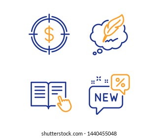 Read instruction, Dollar target and Copyright chat icons simple set. New sign. Opened book, Aim with usd, Speech bubble. Discount. Linear read instruction icon. Colorful design set. Vector