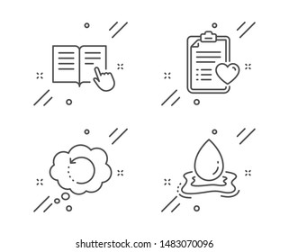 Read instruction, Recovery data and Patient history line icons set. Water splash sign. Opened book, Backup info, Medical survey. Aqua drop. Science set. Line read instruction outline icon. Vector