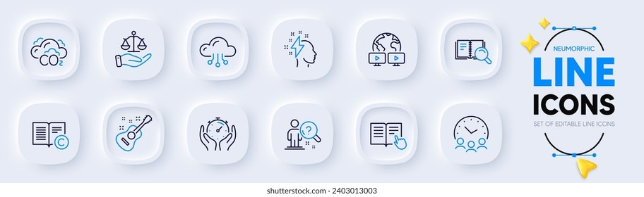 Leer instrucciones, Buscar iconos de línea de cálculo de empleados y de nube para aplicaciones web. Paquete de Brainstorming, Guitarra, íconos del pictograma de tiempo de reunión. Escalas de justicia, Timer, carteles de libros de búsqueda. Vector