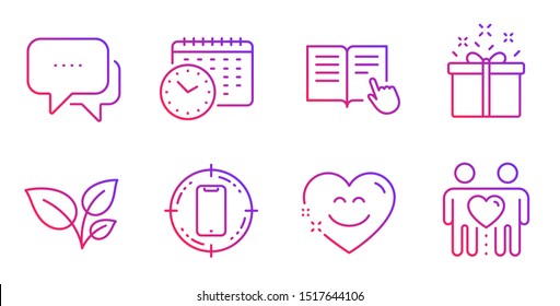 Read instruction, Smile chat and Leaves line icons set. Calendar time, Message and Special offer signs. Smartphone target, Friends couple symbols. Opened book, Heart face. Business set. Vector