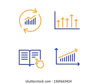 Read instruction, Update data and Growth chart icons simple set. Chart sign. Opened book, Sales statistics, Upper arrows. Science set. Linear read instruction icon. Colorful design set. Vector