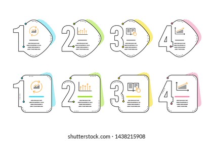 Read instruction, Update data and Growth chart icons simple set. Chart sign. Opened book, Sales statistics, Upper arrows. Science set. Infographic timeline. Line read instruction icon. Vector