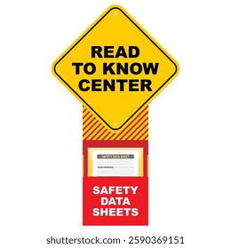 Read to know center safety sign vector design. Safety data sheet station with warning sign and pocket document design.