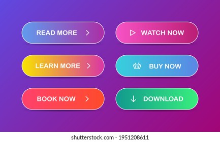 Read, Learn more, Book, Watch, Buy now, Download. Set of modern multicolored buttons Vector EPS 10