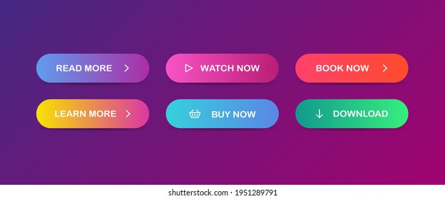 Read, Learn more, Book, Watch, Buy now, Download. Set of modern multicolored buttons. Vector EPS 10