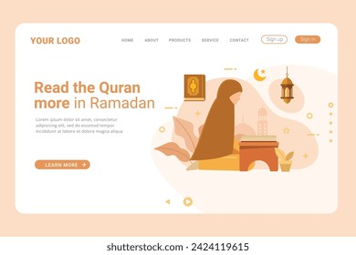 Read and learn the Quran more in the month of Ramadan vector illustration on landing page. Flat vector cartoon illustration ramadan kareem