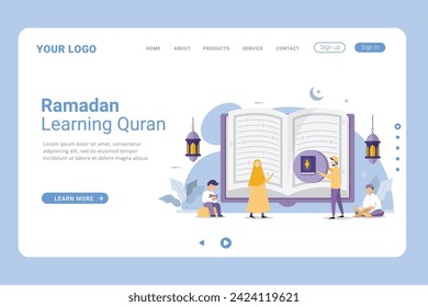 Read and learn the Quran more in the month of Ramadan vector illustration on landing page. Flat vector cartoon illustration ramadan kareem