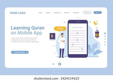 Read and learn the Quran more in the month of Ramadan vector illustration on landing page. Flat vector cartoon illustration ramadan kareem