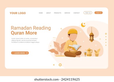 Read and learn the Quran more in the month of Ramadan vector illustration on landing page. Flat vector cartoon illustration ramadan kareem