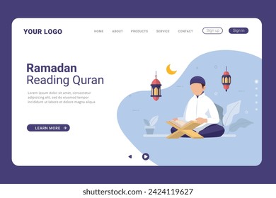 Read and learn the Quran more in the month of Ramadan vector illustration on landing page. Flat vector cartoon illustration ramadan kareem