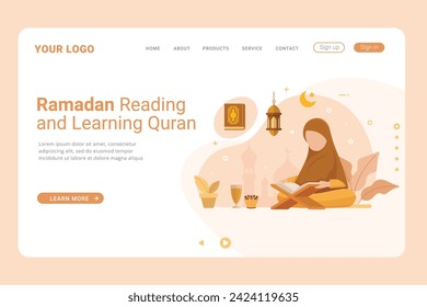 Read and learn the Quran more in the month of Ramadan vector illustration on landing page. Flat vector cartoon illustration ramadan kareem