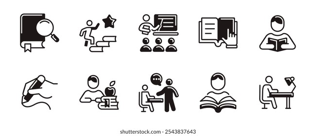 read and learn study icon set education student learning online course reading research school work signs vector unique style illustration for web and app