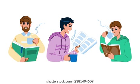 read man reading book coffee vector. sitting lifestyle, home leisure, drink male read man reading book coffee character. people flat cartoon illustration