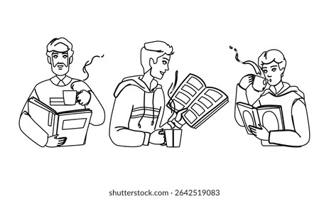 read man reading book coffee vector. sitting lifestyle, home leisure, drink male read man reading book coffee character. people black line pencil drawing illustration