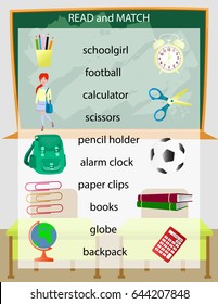 Read and Match Kids Printable Game. Preschool Kindergarten Worksheet. Kids Vector Illustration.