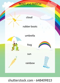 Read and match Kids Printable Game.  Vector  Illustration. Preschool Kindergarten Worksheet.