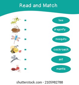 Read and match worksheet game. English alphabet with cartoon animals set. Matching words with images using funny insect animals for kids. Bugs collections. Vector illustration.