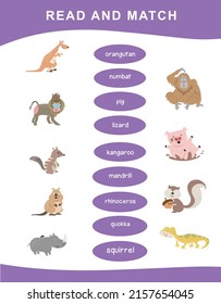 Read and match worksheet game. English alphabet with cartoon animals set. Matching words with images using funny animals sets for kids. Vector illustration.