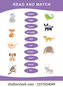 Read and match worksheet game. English alphabet with cartoon animals set. Matching words with images using funny animals sets for kids. Vector illustration.