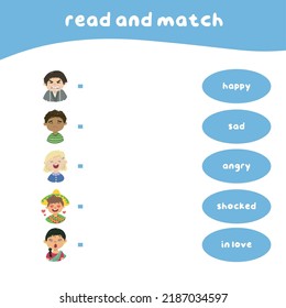 Read and match worksheet game. Feeling vocabulary with cute kids. Matching words with images. Vector illustration.