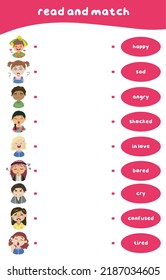 Read and match worksheet game. Feeling vocabulary with cute kids. Matching words with images. Vector illustration.