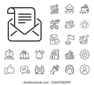 Read Message correspondence sign. Salaryman, gender equality and alert bell outline icons. Mail newsletter line icon. E-mail symbol. Mail newsletter line sign. Spy or profile placeholder icon. Vector