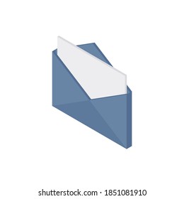 Read message isometric icon. An open gray envelope with white sheet. Newsletter sent by email. Working and friendly correspondence and receiving new notifications vector illustration.
