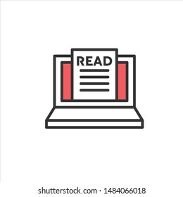 Read modern glyph design icon. News on the laptop. Book reading. Vector EPS illustration.  Morning routine. 