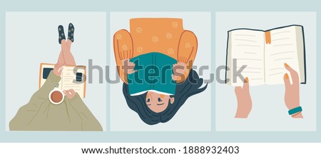 Read more book concept. Young woman reading a book, reads book while drinking coffee,Hand holding book. Hand drawn vector illustrations, flat designs.