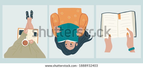 Read more book concept. Young woman reading\
a book, reads book while drinking coffee,Hand holding book. Hand\
drawn vector illustrations, flat\
designs.