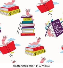 Read more books. Book worm in glasses and stacks of books. Pile of colorful books. Hand drawn educational vector seamless pattern. Flat design. Cartoon style