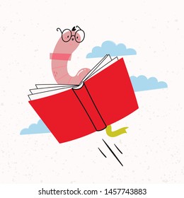 Read more books. Book worm in glasses  flying on a book in the cloudy sky. Hand drawn colored trendy vector illustration. Flat design. Cartoon style