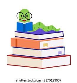 Read more books. Book worm in glasses reading on stack of books in flat design. Education concept vector illustration.