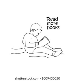 Read more books with a boy line art in white background.