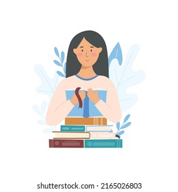 Read more books concept cartoon vector illustration isolated on white background. Girl holding and reading a book. Trendy design concept for education, student, school, online courses, personal growth