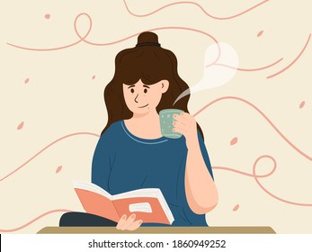 Read more books concept, 
women reading books while drinking coffee, Hand drawn Vector.