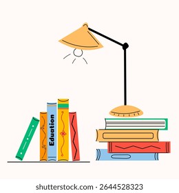 Leia mais Livros - Cozy Vetor com lâmpada na pilha de livros e conjunto de livros. Ideal para projetos com temas de leitura, espaços de estudo, gráficos para amantes de livros, decoração em sala de aula ou campanhas educativas.
