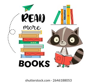 Leia mais Livros - Guaxinim bonito com pilha de livros Vetor para crianças e projetos de educação. Ideal para materiais de aprendizagem para crianças, cartazes, decoração em sala de aula, campanhas educacionais e programas de leitura