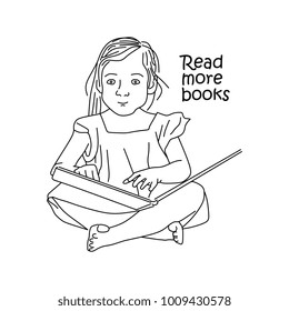 Read more books. A girl reading books hand drawn illustration line art.