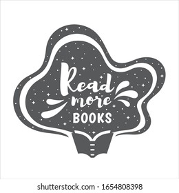 Read more books motivation illustration, magic wavy shape and typographic composition. Night sky, space background, opened book education, bookselling concept. Black and white poster, design element.