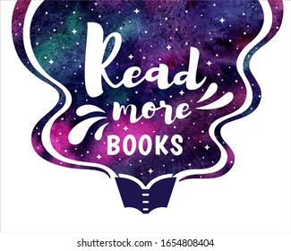 Read more books motivation illustration with colorful magic watercolor shape. Opened book with space for text design element. Education, bookshop concept. Night sky with stars watercolour background.