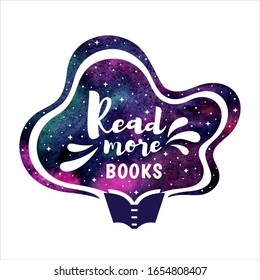 Read more books motivation illustration with colorful magic watercolor shape. Opened book with space for text design element. Education, bookshop concept. Night sky with stars watercolour background.