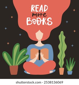 Read more books poster with girl reading a book, hand drawn lettering motivation phrase. Vector card.