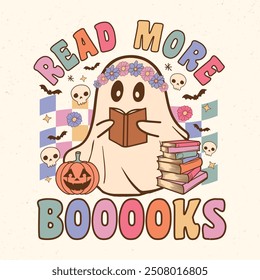 Read more books - Retro Groovy Halloween t shirt design, vector graphic