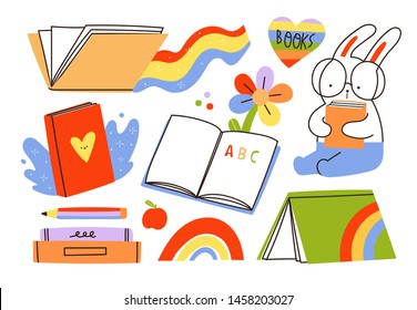 Read more books. Set for book lovers. Various books, stack of books, rabbit in glasses. Various objects. Hand drawn educational vector illustration. Flat design. Cartoon style. Everything is isolated