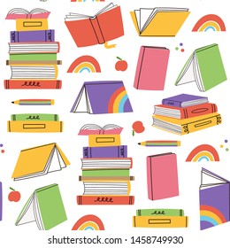 Read more books. Set for book lovers. Various books, stack of books, notebooks. Hand drawn educational vector seamless pattern. Flat design. Cartoon style