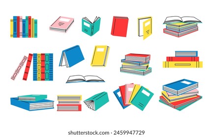 Read more books. Set for book lovers. Various books, stack of books, notebooks. Hand drawn educational vector illustration. Flat design. Cartoon style. Everything is isolated