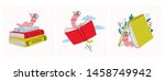Read more books. Set of various books and stack of books with book worm in glasses. Hand drawn educational vector illustrations. Flat design. Cartoon style
