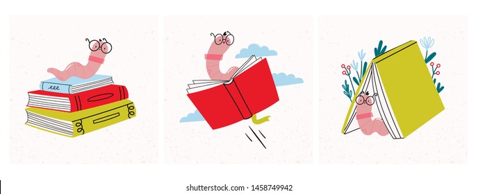 Read more books. Set of various books and stack of books with book worm in glasses. Hand drawn educational vector illustrations. Flat design. Cartoon style