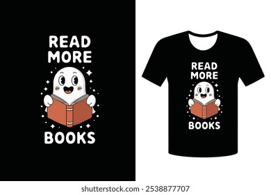 Leer más Libros, Tipografía con diseño de camiseta de fantasma y Ilustraciones vectoriales